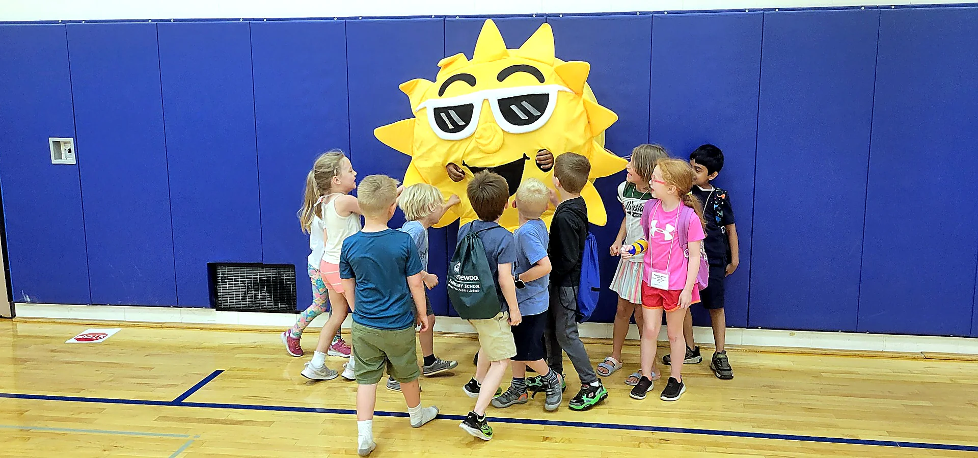 Children gathered around the Sonny mascot during a GoSolar! Kidz school activity