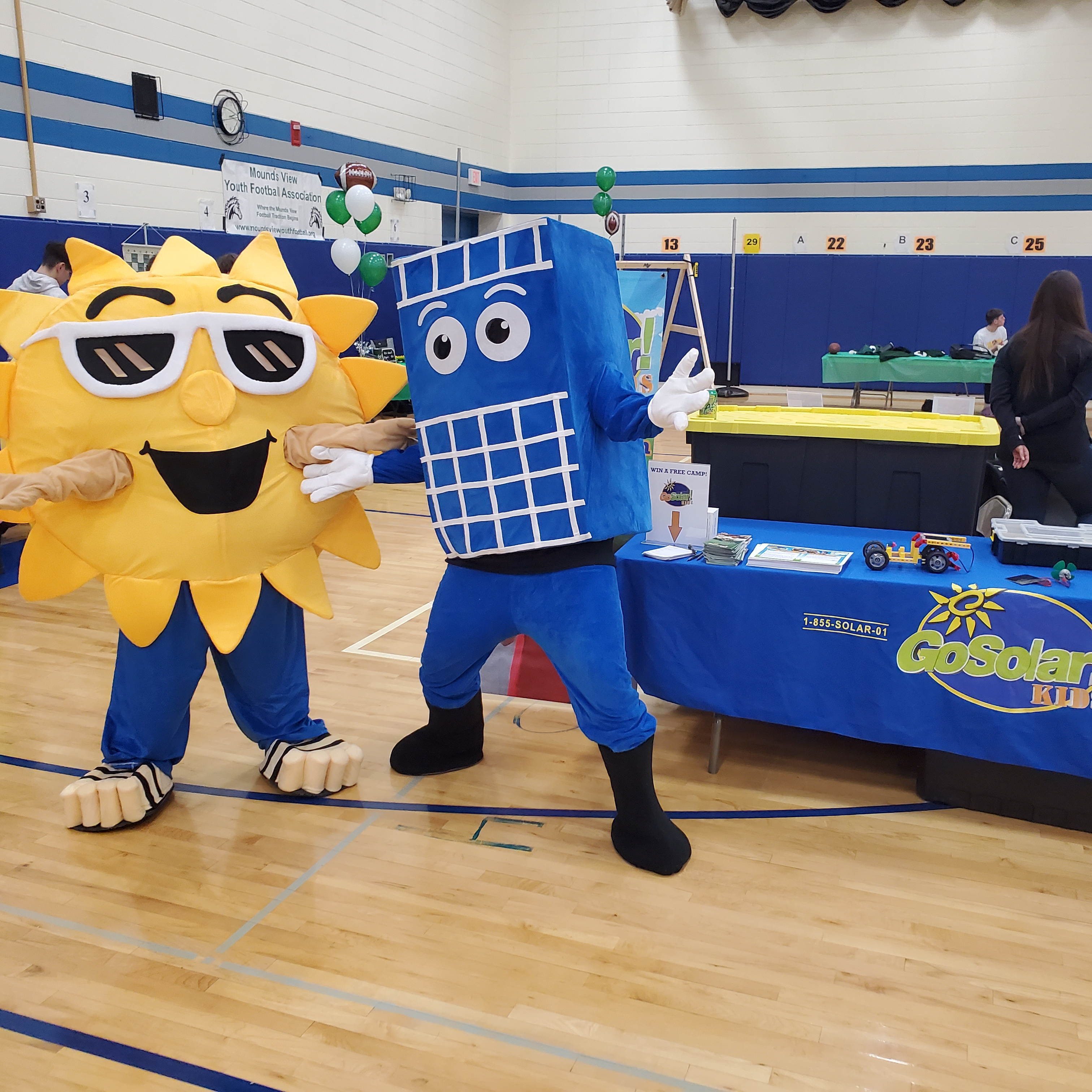 Sonny and Penny mascots visiting a school for a field trip workshop